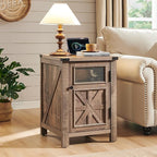 JXQTLINGMU Farmhouse End Table with Charging Station, 18'' Rustic Nightstand with Barn Door & Adjustable Shelf, Wooden Sofa Side Table with 3-Tier Storage for Living Room, Bedroom, Warm Brown