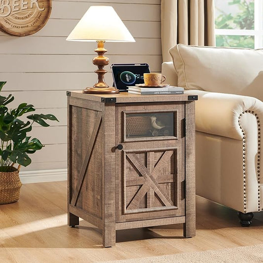 JXQTLINGMU Farmhouse End Table with Charging Station, 18'' Rustic Nightstand with Barn Door & Adjustable Shelf, Wooden Sofa Side Table with 3-Tier Storage for Living Room, Bedroom, Warm Brown