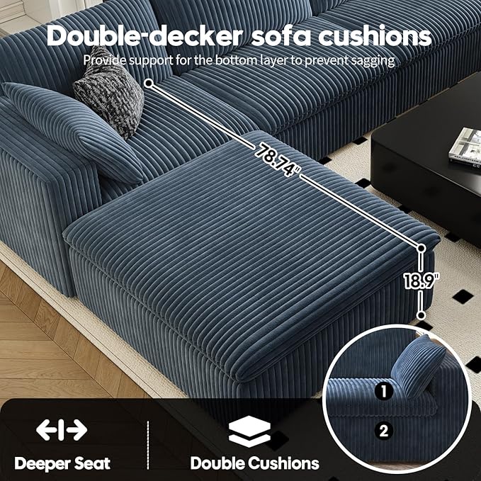 LoveSeat Cloud Couch Modular Sectional Sofa for Living Room,Modern Sofa with Deep Seat，2 Seater Boneless Couch with Ottoman,Comfy Upholstered Couches for Apartment, Studio, Office,Bedroom，Blue