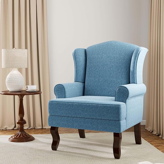 Accent Chair, High Back Upholstered Armchair with High Resilience Sponge & Wood Legs, Mid-Century Modern Comfy Single Sofa Reading Chairs for Living Room, Bedroom (Blue, Set of 1)