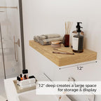 12 Inch Deep Floating Shelves, 24 x 12 Floating Shelf for Books, Rustic Wood Deep Wall Shelves for Home Storage & Display, 2" Thicked Shelves for Kitchen, Living Room, Bedroom, Oak Color, 1 Pack