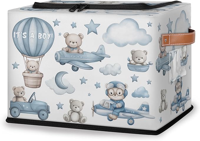 Rectangular Storage Baskets for Shelves - Waterproof Foldable Laundry Basket, Nursery Hamper, Reusable Toy Bin for Organizing Toys, Books, Clothes, Closet 14"x10.2" x10.4" (Little Bear)