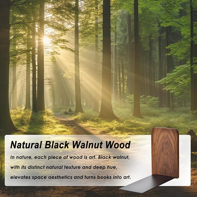 Book Ends, Black Walnut Wooden Bookends for Shelves - Heavy Duty Non-Slip Book Organizers, Upgraded Decorative Bookend Holders for Home, Kitchen, Office, Set of 2, Small