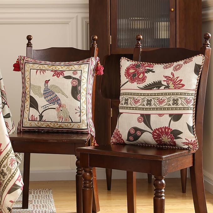 patdrea Designer Throw Pillow Covers Set of 4,Vintage Red Linen Pillowcases with Flower and Birds Pattern Pillows Cover for Couch,Farmhouse Decorative Cushion for Bed Living Room Outdoor Car