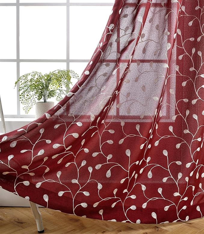 MIUCO Floral Embroidered Semi Sheer Curtains Faux Linen Grommet Curtains for Living Room 52 x 63 Inch 2 Panels, Burgundy