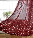 MIUCO Floral Embroidered Semi Sheer Curtains Faux Linen Grommet Window Curtains for Bedrooom 52 x 84 Inch 2 Panels, Burgundy