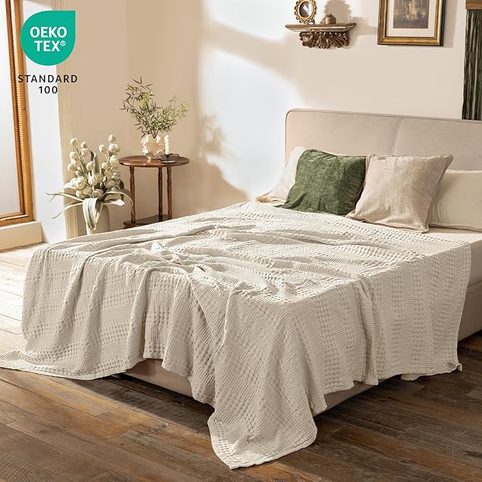 PHF Cooling Waffle Blanket King Size, Lightweight 60% Rayon Derived from Bamboo & 40% Cotton Breathable Blanket for Hot Sleepers, Soft and Luxury for Bed Couch and Sofa, 104"x90", Linen