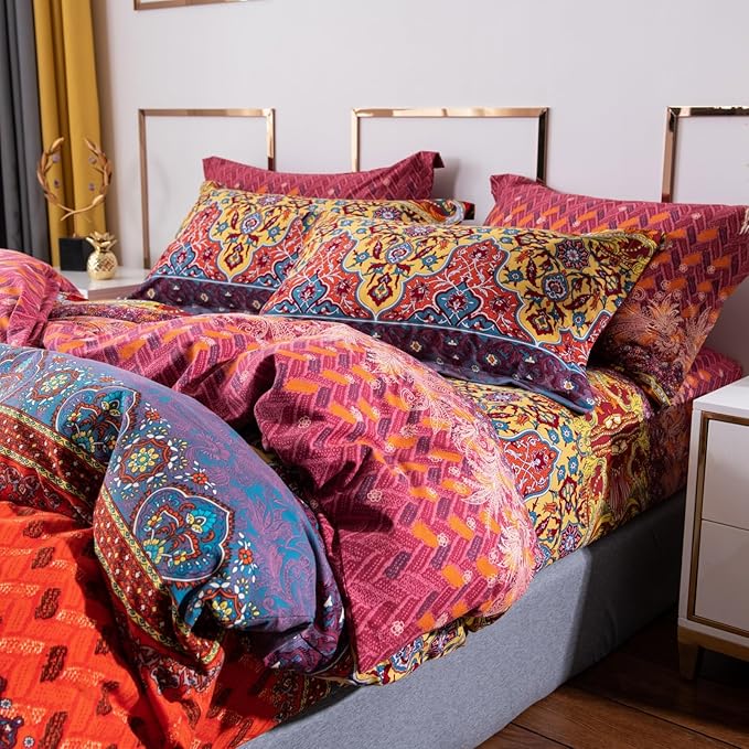 ABREEZE Bohemian Duvet Cover Set Colorful Orange Boho Retro Bedding Set Damask Paisley Cotton Duvet Cover Tribal Reversible Bedding Exotic Style Comforter Cover 3-Piece Cal.King