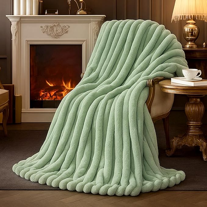 Amélie Home Faux Fur Throw Blanket for Couch, Cozy Fuzzy Fluffy Fur Luxurious Soft Striped Plush Gift Blankets for Family Sofa Chair Bed Living Room Bedroom, 55"x70", Sage Green