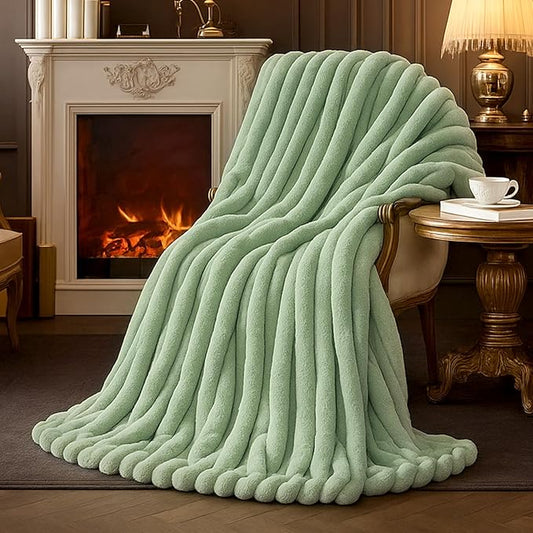 Amélie Home Faux Fur Throw Blanket for Couch, Cozy Fuzzy Fluffy Fur Luxurious Soft Striped Plush Gift Blankets for Family Sofa Chair Bed Living Room Bedroom, 55"x70", Sage Green