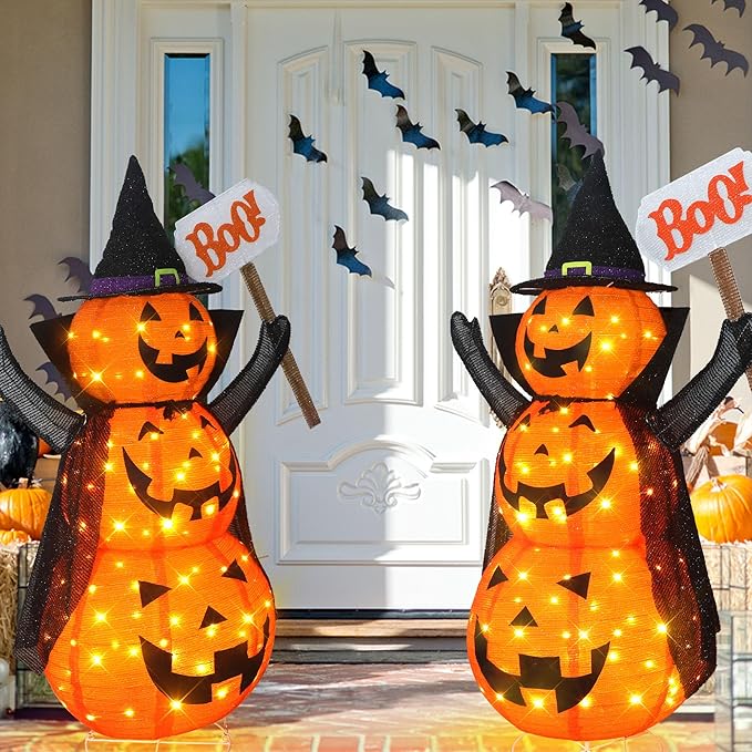 Halloween Decoration 4.3FT Retractable Jack-O-Lantern, 100 LED Collapsible Pumpkin Lantern with Black Star Hat, Plug in Halloween Lights with Stand for Indoor Outdoor Lawn Backyard Garden Decor