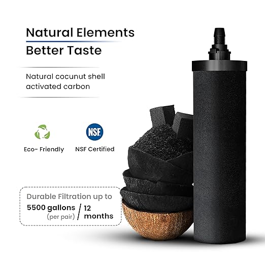 Gravity Water Filter System - 3.25 Gallons - NSF Certified - AISI 304 Stainless Steel Countertop Water Filter System with 2 Smart (Black) Carbon Filter Elements & Free Stainless Steel Water Spigot