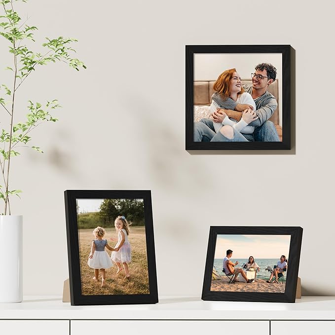 Vittanly 5x7 Picture Frames Set of 9, Shatter Resistant Plexiglass, Display 4x6 Pictures with Mat or 5x7 without Mat, Photo Frames for Wall or Tabletop, Engineered Wood, Black