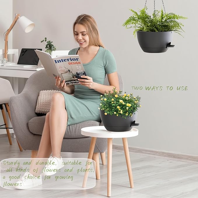 12 Inch Hanging Baskets 2 PC with Chains, Self-Watering Hanging Planters for Indoor Outdoor Plants, Plastic Hanging Flower Pots,Black