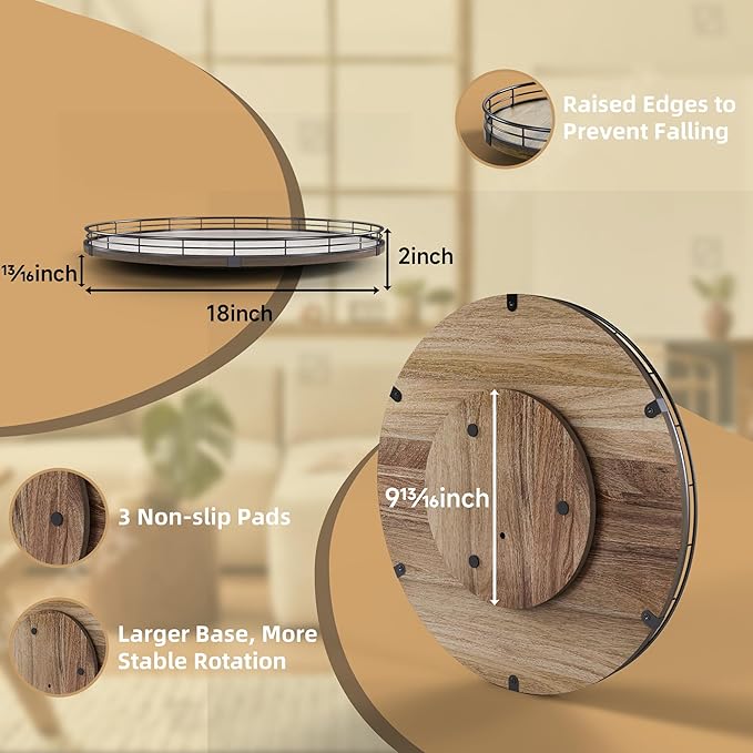 Acacia Wood 18" Lazy Susan Turntable Organizer for Table Top, Farmhouse Large Round Lazy Susan for Cabinet Kitchen Centerpieces Dining Table, for Condiments Charcuterie, Bathroom Vanity Tray Decor