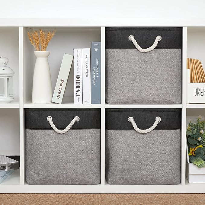 Bidtakay Fabric Cube Storage Bins for Organizing 13x13 Large Storage Baskets Decorative Storage Bins for Home Storage Set of 3 Shelf Organizer Bins for Toy Storage (Black&grey)