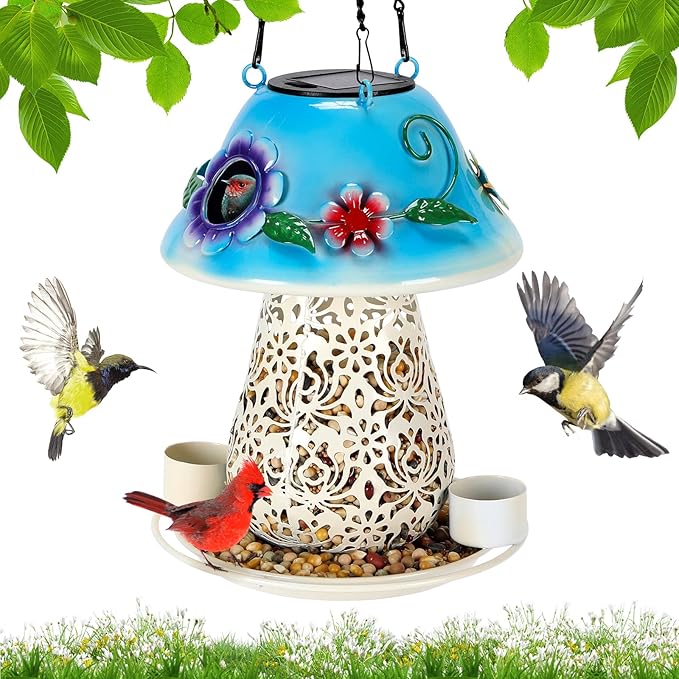 Mushroom Solar Bird Feeders for Outdoors Hanging Metal Wild Bird Feeder Garden Lantern with S Hook for Garden Decoration Blue