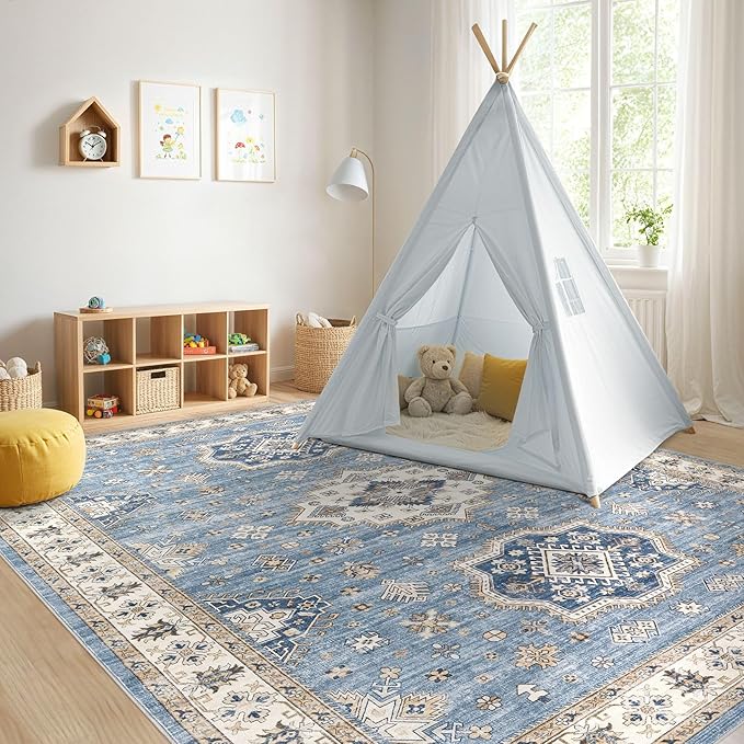 Washable Area Rugs for Living Room - 7x9 Neutral Vintage Distressed Floral Farmhouse Boho Large Soft Floor Rug Indoor Non Slip Carpet for Living Room Bedroom Dining Room Office - Blue