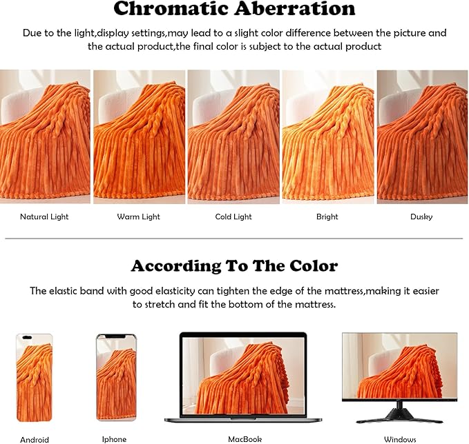 NEWCOSPLAY Super Soft Fall Queen Blanket Orange Premium Silky Flannel Fleece 3D Ribbed Jacquard Lightweight Bed Blanket All Season Use (Orange Ribbed, Queen(90"x90"))