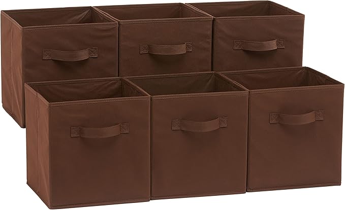 Amazon Basics Cube Organizer Storage Bins Handles, Collapsible Fabric, Pack of 6, 10.5"x10.5"x11", Brown