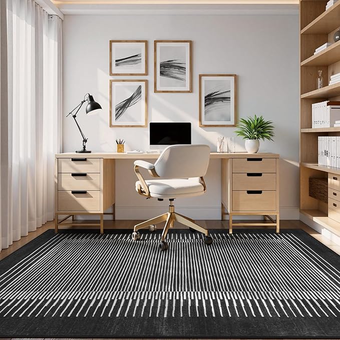 Wonnitar Washable Striped 5x7 Washable Area Rug, Non-Slip Black Berber Stripe Rugs for Living Room, Low Pile Minimalist Floor Carpet Rugs for Bedroom Dining Room Home Office (Black,5' x 7')