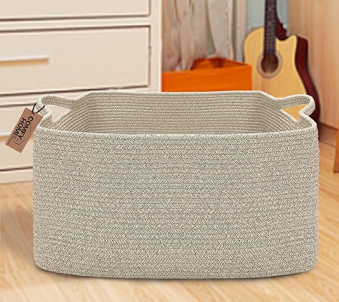 COMFY-HOMI Large Rectangular Blanket Basket, Woven Cotton Rope Baskets for Storage, Laundry Hamper Basket, Storage Bin,Toy Organizing Bin with Handle, Organization and Storage-22x15x12”-Brown