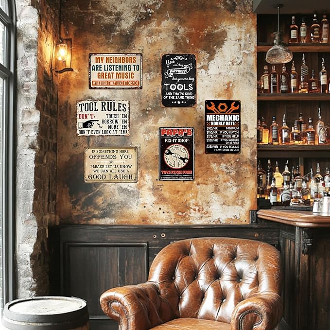 Garage Signs Metal Wall Decor - Vintage Tool Rule Metal Tin Signs for Men, Funny Shop Accessories Bar Decoration for Man Cave 8x12 Inch