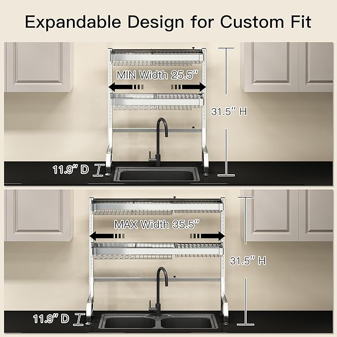 3 Tier Extra Large Stainless Steel Expandable Over The Sink Dish Drainer Drying Rack, Rust Proof Metal, Space Saving, Modern Silver Big Capacity Extendable Plate Strainers Above Kitchen Counter