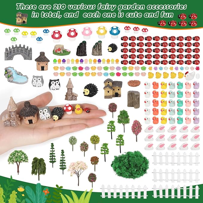 Thrilez 210 Pieces Miniature Fairy Garden Accessories, Including Resin Animals, Miniature Figurines, Micro Landscape Ornaments Kit, Fake Diorama Trees for Fairy Garden Decor