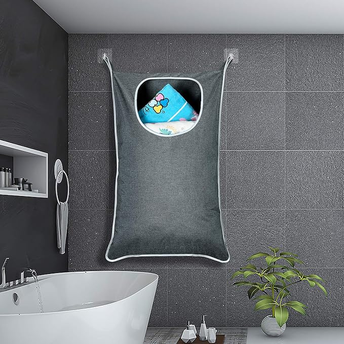 Hanging Laundry Bag with Over Door Hooks, Laundry Hamper and Space Saving Laundry Bag with Zipper, Hanging Hamper for Clothes, Toys, Towels, ...（36"x 22",Grey-2Pack)