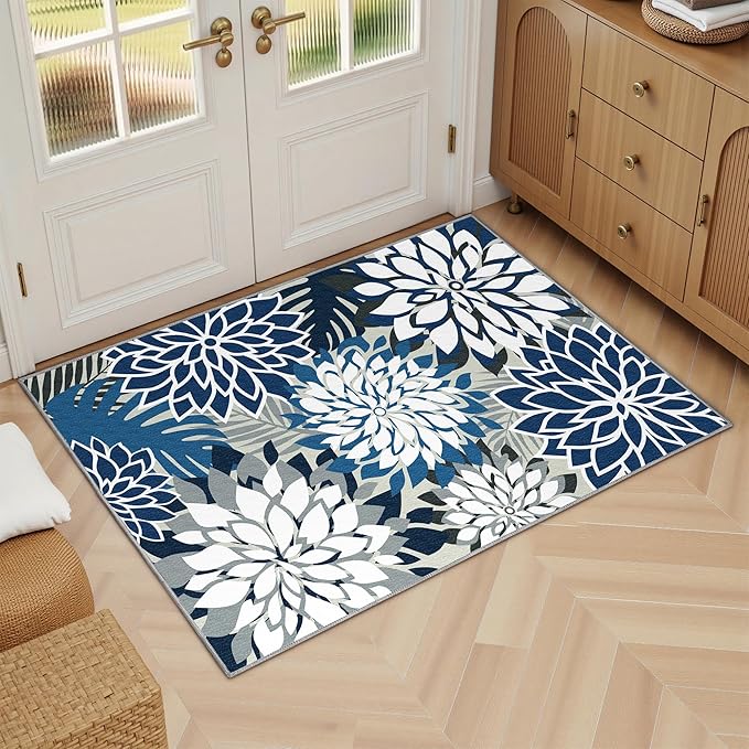 Area Rug 2x3 Blue White Washable Entry Small Rug Multicolored Tropical Botanical Modern Floral Indoor Kitchen Door Mat Entrance Carpet Non Slip for Bedroom Living Room, Porch