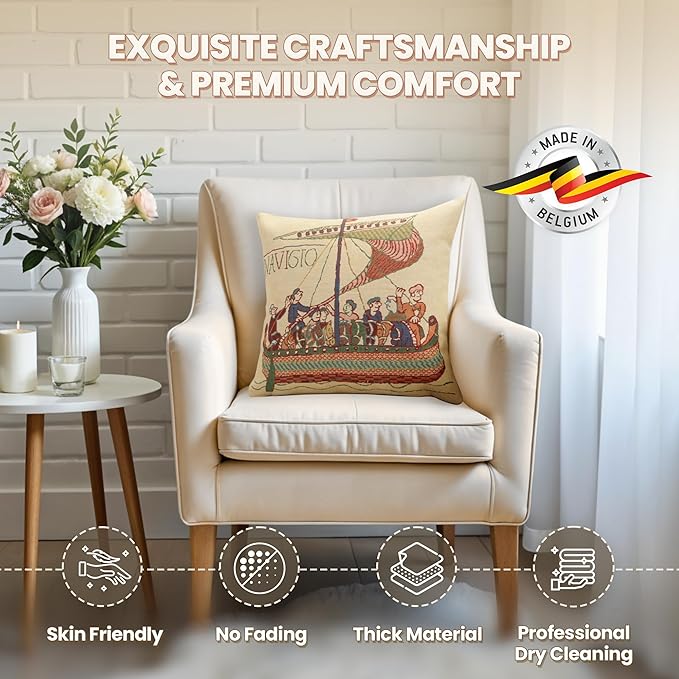Charlotte Home Furnishings Bayeux Navigo Throw Pillow Cover 16" x 16" – Medieval Ship Decorative Tapestry Cushion Case for Sofa, Couch, & Bed | Cotton Jacquard Woven in Europe | Insert Not Included