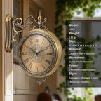 Large Vintage Double Sided Wall Clock with Glass & Metal, Roman and Arabic Numerals, Silent Non-Ticking Battery Operated Antique Clock for Living Room, Office, Hallway Decor (15x18.5 Inch)