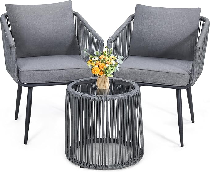Kromax 3 Pieces Patio Rattan Bistro Conversation Set, Outdoor All-Weather Wicker Furniture Chairs and Side Table Set Ideal for Balcony, Porch and Backyard, Grey