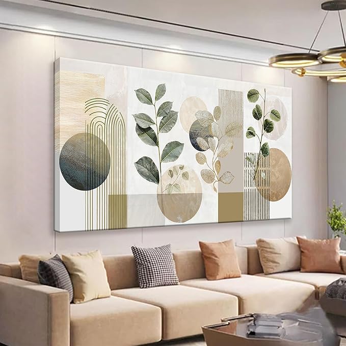 TAIJXAGSG Green Boho Wall Art Minimalist Canvas Wall Art Decor Geometric Line Leaf Beige Green Wall Art Canvas Artwork Print Paintings Abstract Art Botanical Boho Room Office Home Wall Decor 20"X 40"