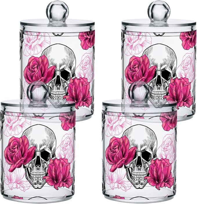 2 Pack Qtip Holder Dispenser Skull Rose Flower Bathroom Storage Canister Lid Acrylic Plastic Apothecary Jar Set Vanity Makeup Organizer for Cotton Swab/Ball/Round Pads, Floss