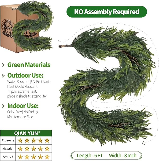 Christmas Decorations – 6FT Artificial Norfolk Pine Greenery Garland, Real Touch Christmas Garland for Mantel, Staircase, Fireplace, Front Door, Indoor & Outdoor Holiday Decor (1, 6FT)