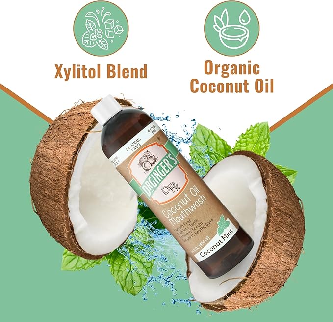 Dr. Ginger’s Coconut Oil Pulling Alcohol Free Mouthwash - Mint Flavor, 14 fl oz, 2pcs - Support Gum Health, Tongue, and Teeth Whitening for Adults, Fluoride Free, All-Natural, with Xylitol