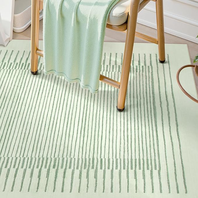 Wonnitar Washable Striped 8x10 Rugs for Living Room, Non-Slip Soft Sage Green Bedroom Rug, Low Pile Minimalist Floor Carpet for Nursery Playroom Dining Room Department (Green, 8' x 10')
