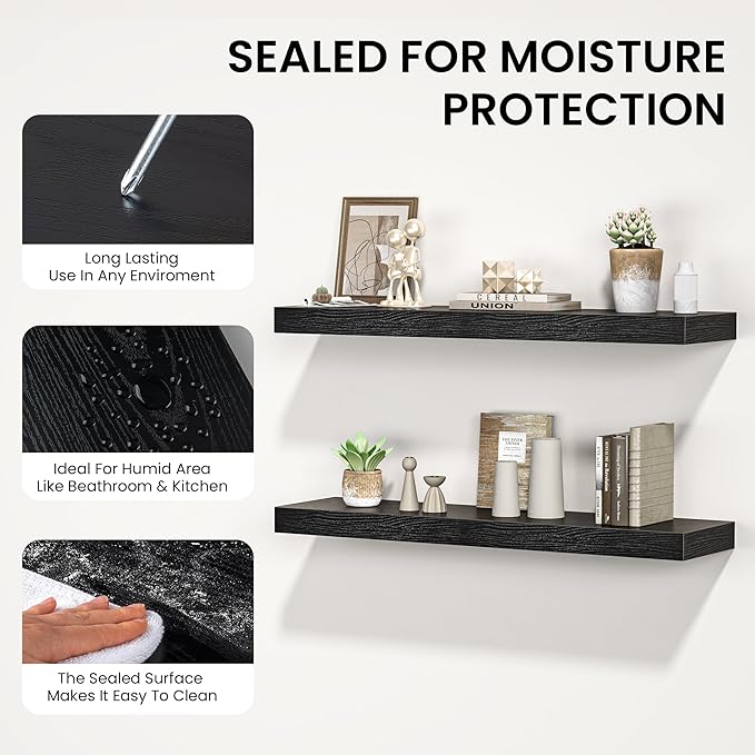Floating Shelves for Wall, 55"W x 9.3"D x 1.5"H, Long Wooden Wall Mounted Display Shelves with Invisible Brackets for Living Room, Bedroom, Bathroom, Kitchen Decor and Storage, Set of 1, Black