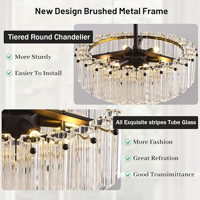 Modern Clear Glass Chandelier, 14" Round Crystal Dining Room Chandelier, Small Black Pendant Light Hanging Fixture for Bedroom, Kitchen Island Light Dimmable Ceiling Lighting Chandeliers for Bathroom