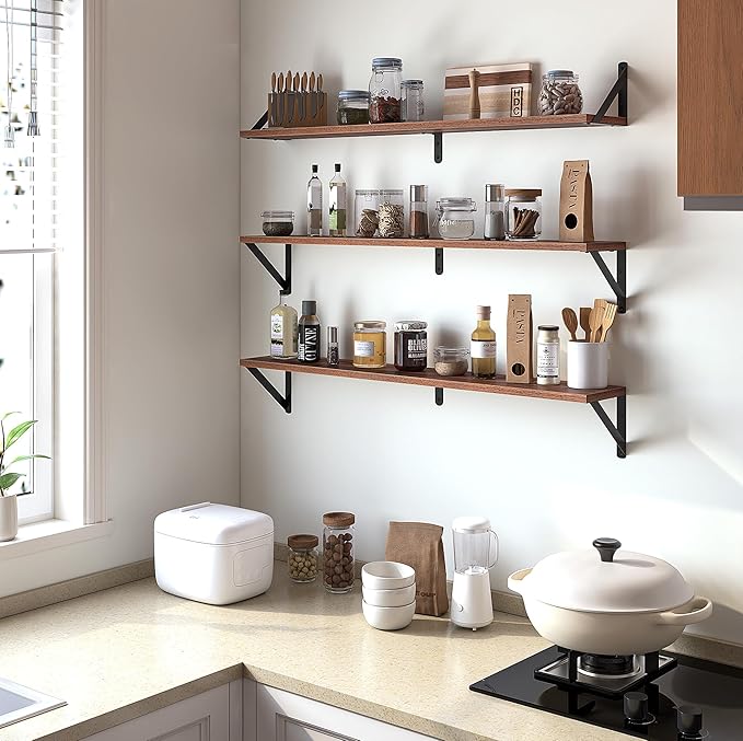 Heimlove Floating Shelves for Wall, 36 Inch Long Wood Floating Bookshelf Set of 3, Wall Mounted Hanging Shelf for Bathroom Bedroom Kitchen, Walnut