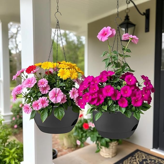 2 Pack Hanging Planters for Indoor Outdoor Plants, 12 Inch Self Watering Hanging Pot with Drainage Holes and Saucer, Plastic Plant Pots, Black Flower Pots for Kitchen, Balcony, Garden