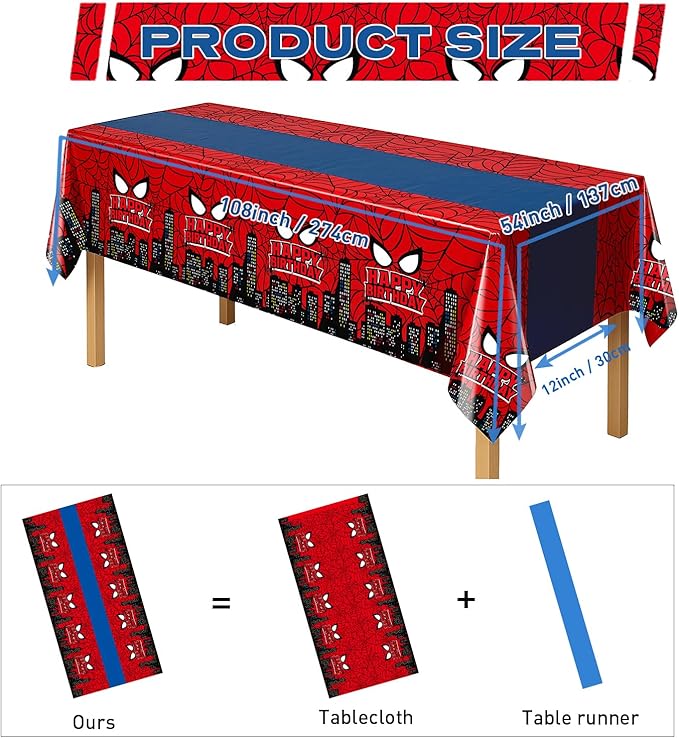 4Pcs 2in1 Spider Birthday Decorations Tablecloths, 54" x 108" Super Hero Spider Table Cloth Disposable Rectangle Plastic Table Cover for Boys Birthday Party Supplies