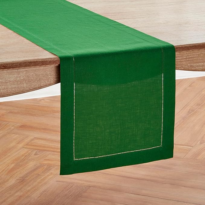 Solino Home Linen Garden Green Table Runner 108 Inches Long - 100% Pure Linen Hemstitch 14 x 108 Inch Table Runner for Dining - Classic Hemstitch