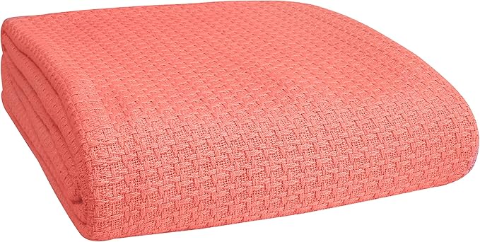 BELIZZI HOME 100% Cotton Bed Blanket, Breathable Bed Blanket Twin Size, Cotton Thermal Blankets Twin, Perfect for Layering Any Bed for All Season, Coral
