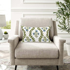 Alysheer Summer Floral Embroidered Decorative Throw Pillow Cover 12"x 20", Farmhouse Blue Flowers Green Leaves Patterned Cotton Canvas Lumbar Cushion Case for Sofa Couch Living Room Cottage Decor