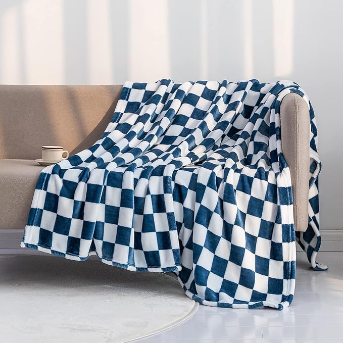 LOMAO Throw Blankets Flannel Blanket with Checkerboard Grid Pattern Soft Throw Blanket for Couch, Bed, Sofa Luxurious Warm and Cozy for All Seasons (Navy, 60"x80")