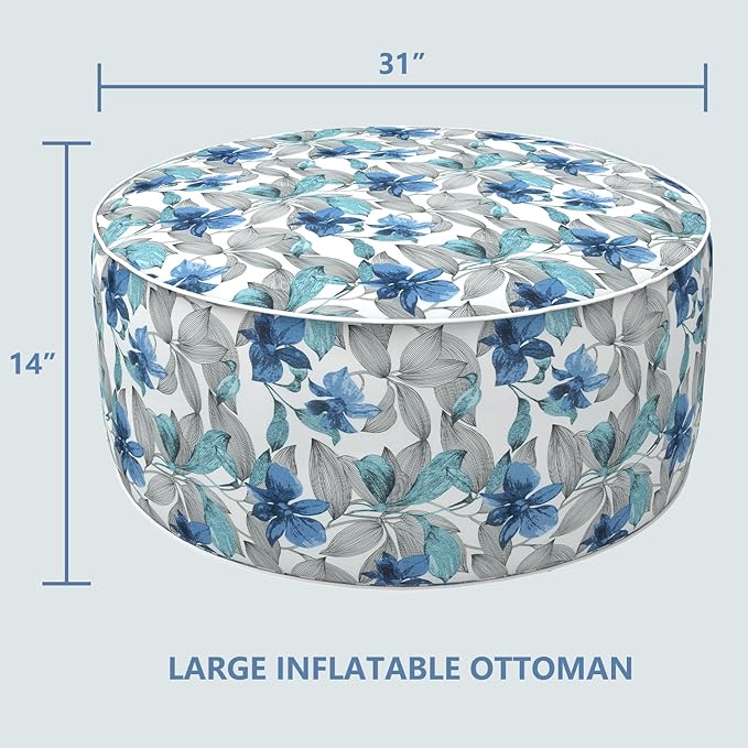 LVTXIII Outdoor/Indoor Inflatable Ottoman, All Weather Round Footrest Stool with Handle D31”x H14”, Portable Pouf for Patio Garden Camping or Home Decoration, Clemens Noir Blue