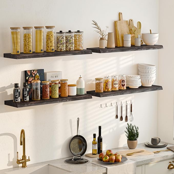 Fun Memories Floating Shelves for Wall, 24 Inhc Floating Shelves Wall Mounted, Rustic Live Edge Elm Wood Shelf, Heavy-Duty Storage Shelves for Books, Bathroom, Kitchen, Walnut Finish, Set of 2